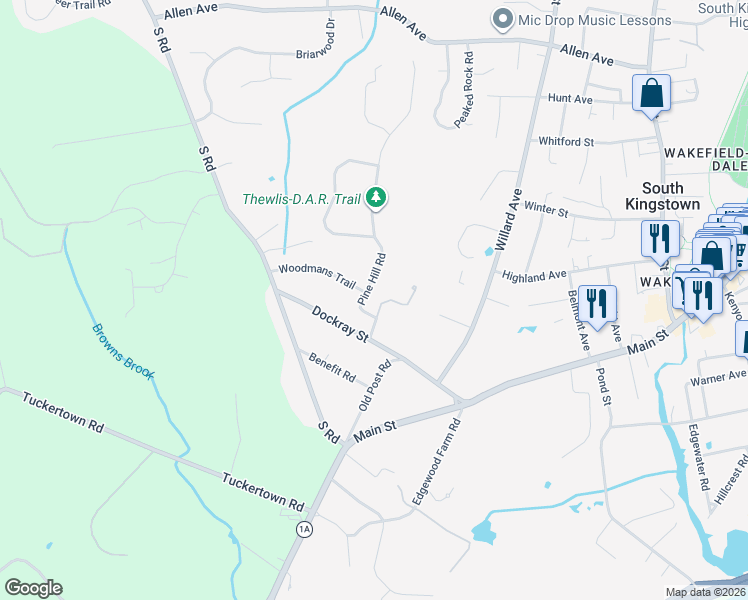 map of restaurants, bars, coffee shops, grocery stores, and more near 35 Thewlis Woods Way in South Kingstown