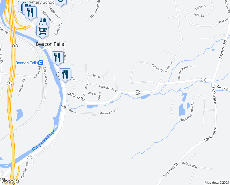 map of restaurants, bars, coffee shops, grocery stores, and more near 171 Bethany Road in Beacon Falls
