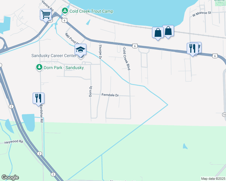 map of restaurants, bars, coffee shops, grocery stores, and more near 734 Walnut Ridge Lane in Sandusky