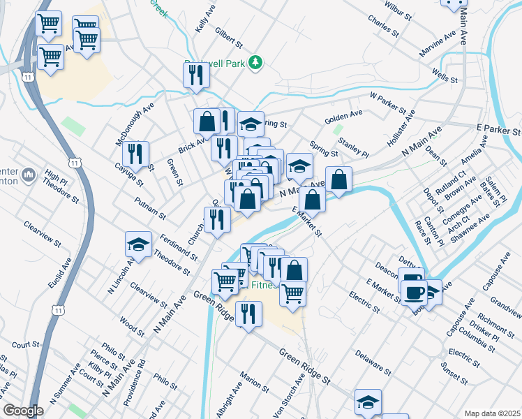 map of restaurants, bars, coffee shops, grocery stores, and more near 1842 N Main Ave in Scranton