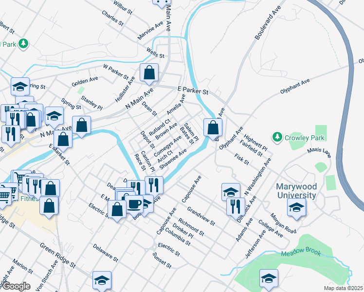 map of restaurants, bars, coffee shops, grocery stores, and more near 617 Dean Street in Scranton