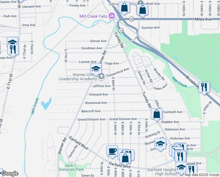 map of restaurants, bars, coffee shops, grocery stores, and more near 8510 Jeffries Avenue in Cleveland