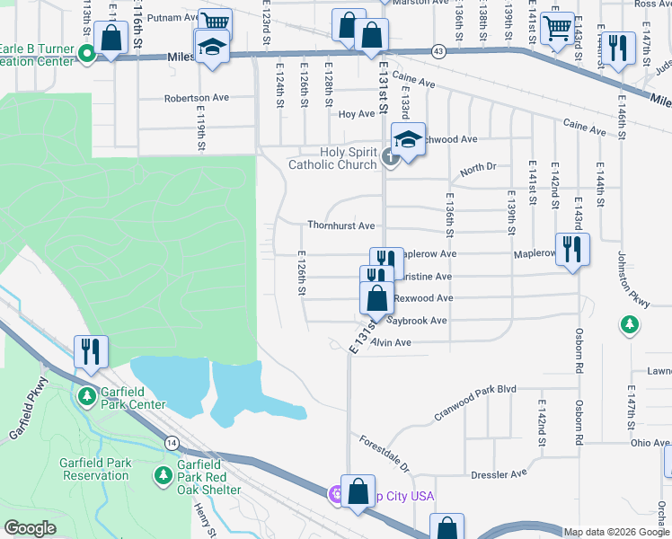 map of restaurants, bars, coffee shops, grocery stores, and more near 12705 Christine Avenue in Garfield Heights