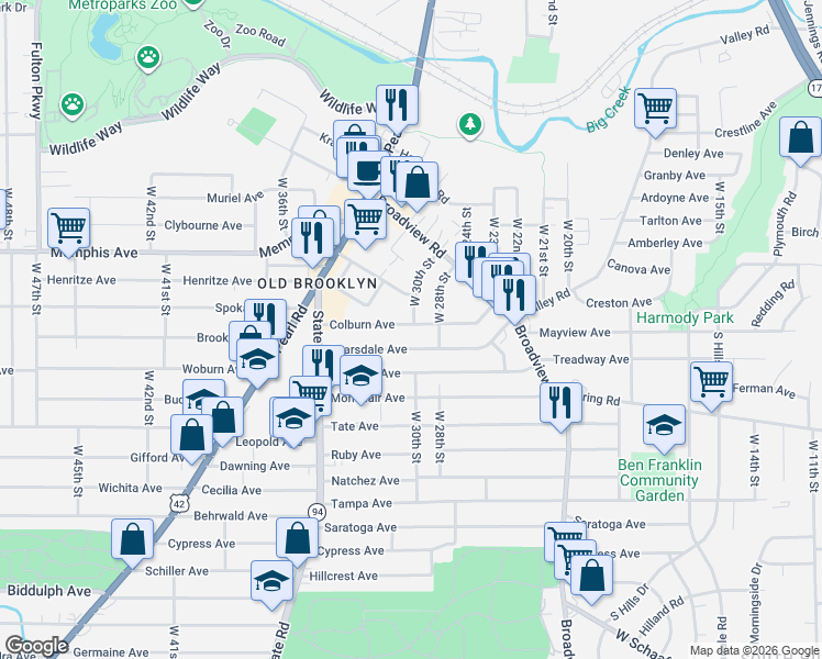 map of restaurants, bars, coffee shops, grocery stores, and more near 3009 Colburn Avenue in Cleveland