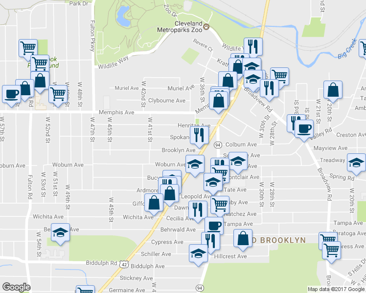 map of restaurants, bars, coffee shops, grocery stores, and more near 3708 Brooklyn Avenue in Cleveland