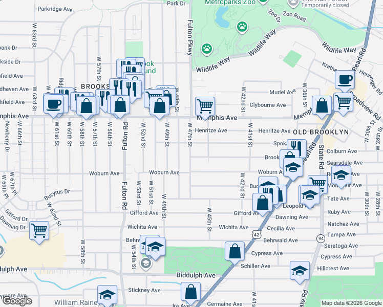 map of restaurants, bars, coffee shops, grocery stores, and more near 4369 West 48th Street in Cleveland