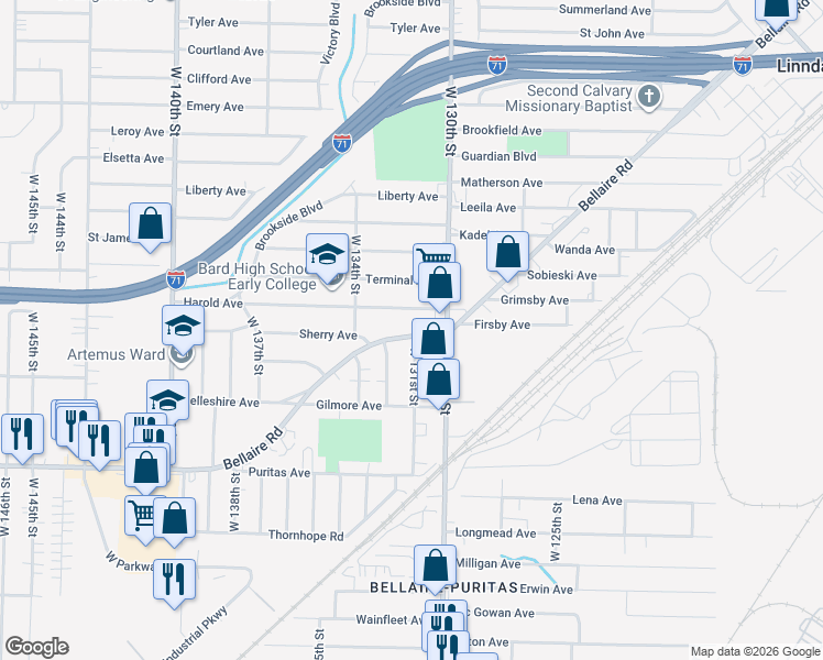map of restaurants, bars, coffee shops, grocery stores, and more near 13110 Bellaire Road in Cleveland