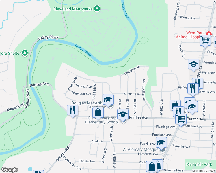 map of restaurants, bars, coffee shops, grocery stores, and more near 4317 Valleyside Road in Cleveland