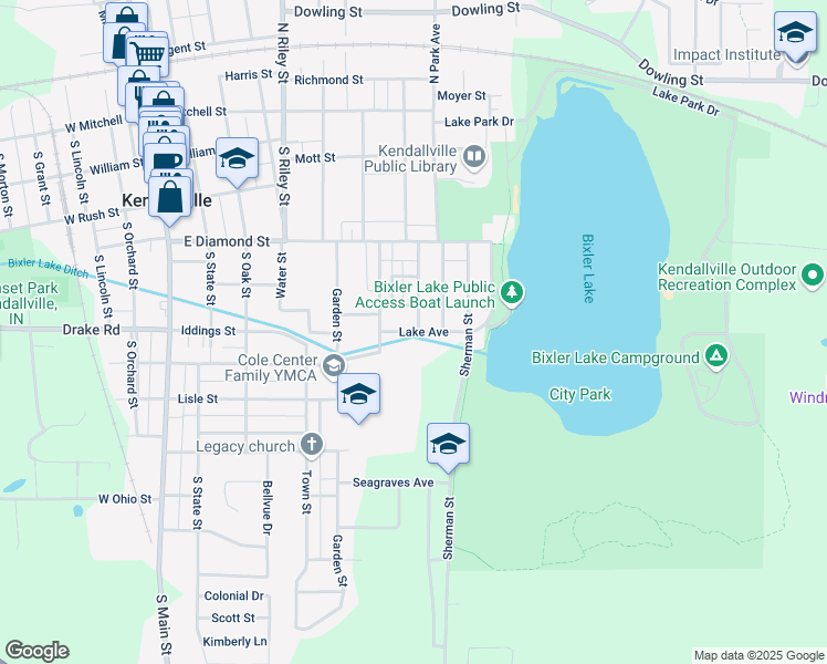 map of restaurants, bars, coffee shops, grocery stores, and more near 600-672 Lake Ave in Kendallville