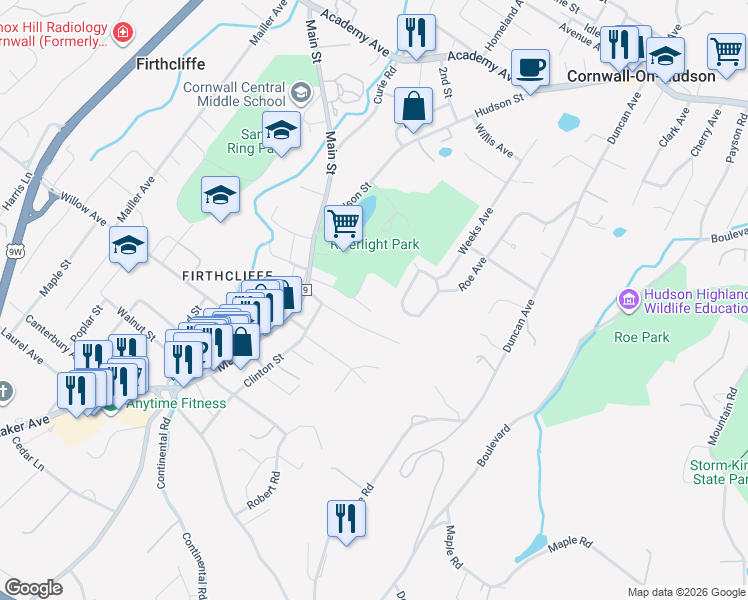 map of restaurants, bars, coffee shops, grocery stores, and more near 37 Roe Avenue in Cornwall-on-Hudson