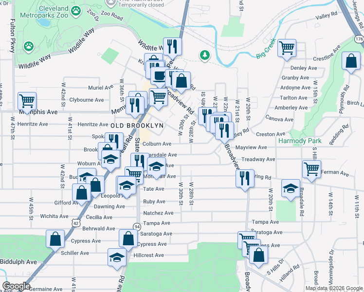 map of restaurants, bars, coffee shops, grocery stores, and more near 3009 Colburn Avenue in Cleveland