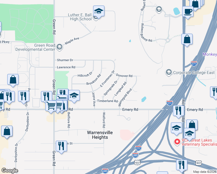 map of restaurants, bars, coffee shops, grocery stores, and more near 4511 Springvale Drive in Warrensville Heights
