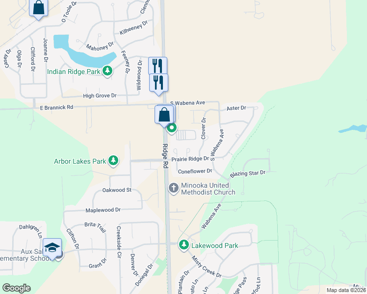 map of restaurants, bars, coffee shops, grocery stores, and more near 1123 Foxglove Court in Minooka