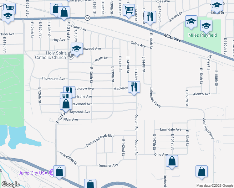 map of restaurants, bars, coffee shops, grocery stores, and more near 13821 Christine Avenue in Garfield Heights