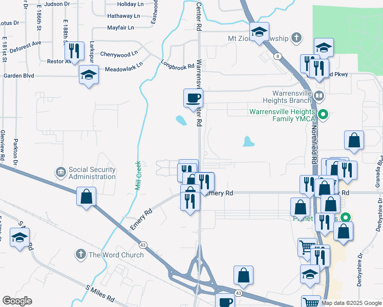 map of restaurants, bars, coffee shops, grocery stores, and more near 4500 Warrensville Center Road in Warrensville Heights