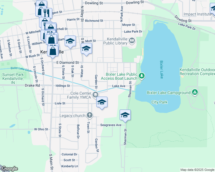 map of restaurants, bars, coffee shops, grocery stores, and more near 600 Lake Avenue in Kendallville