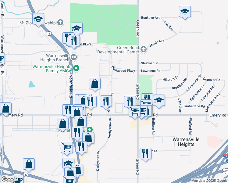 map of restaurants, bars, coffee shops, grocery stores, and more near 4490 Granada Boulevard in Warrensville Heights
