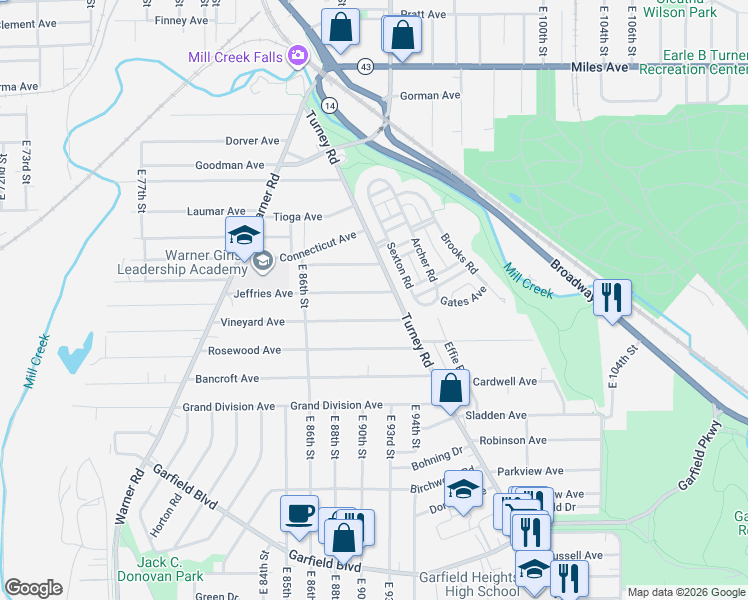 map of restaurants, bars, coffee shops, grocery stores, and more near 9010 Jeffries Avenue in Cleveland