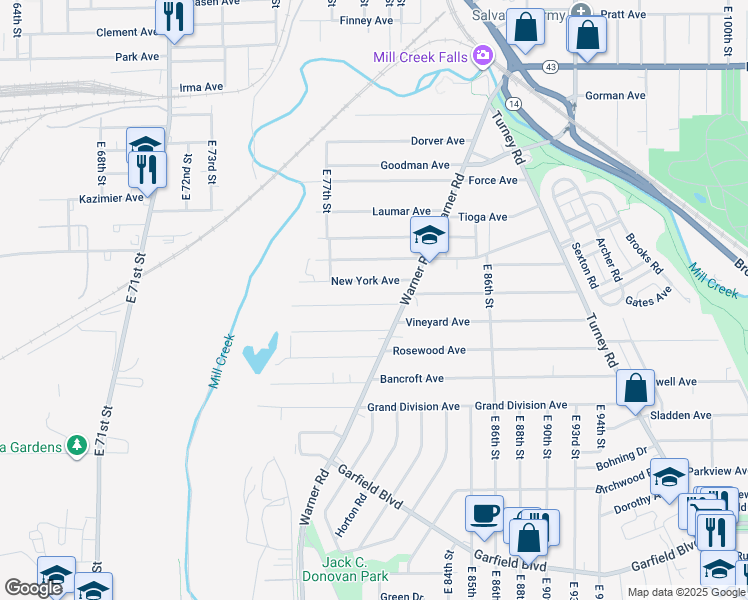 map of restaurants, bars, coffee shops, grocery stores, and more near 8101 Jeffries Avenue in Cleveland