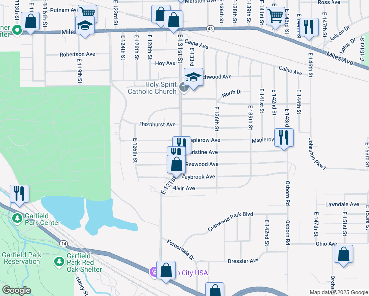 map of restaurants, bars, coffee shops, grocery stores, and more near 4479 E 131st St in Garfield Heights