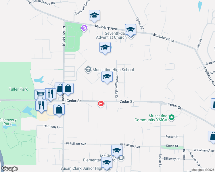 map of restaurants, bars, coffee shops, grocery stores, and more near 2407 Cedar St in Muscatine