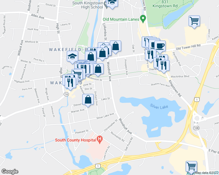 map of restaurants, bars, coffee shops, grocery stores, and more near 383 Woodruff Avenue in South Kingstown