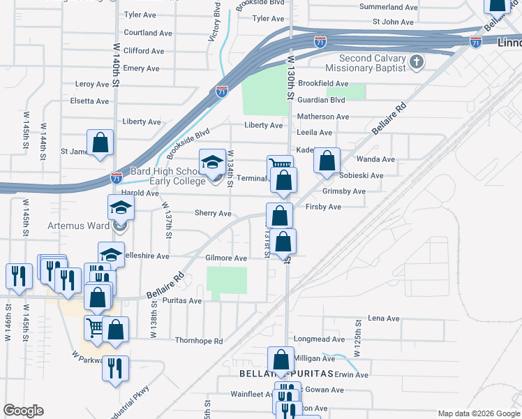 map of restaurants, bars, coffee shops, grocery stores, and more near 13110 Bellaire Road in Cleveland