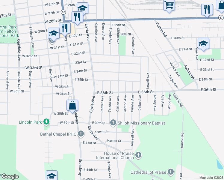 map of restaurants, bars, coffee shops, grocery stores, and more near 3565 Toledo Avenue in Lorain