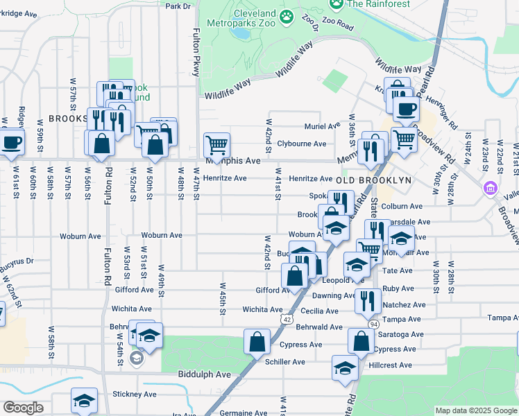 map of restaurants, bars, coffee shops, grocery stores, and more near 4206 Brooklyn Ave in Cleveland