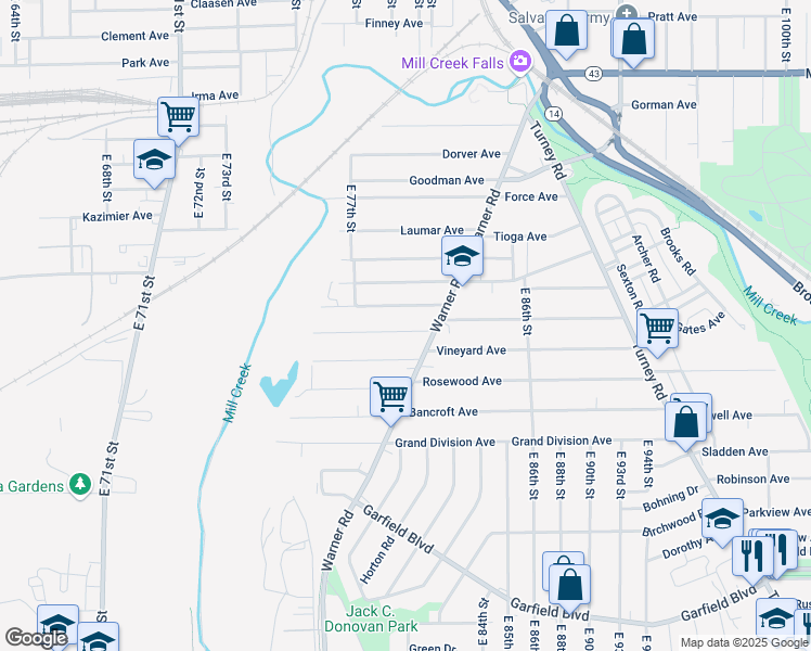 map of restaurants, bars, coffee shops, grocery stores, and more near 8103 Jeffries Avenue in Cleveland