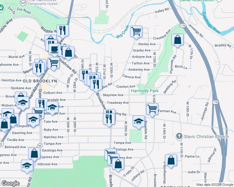 map of restaurants, bars, coffee shops, grocery stores, and more near 1933 Mayview Avenue in Cleveland