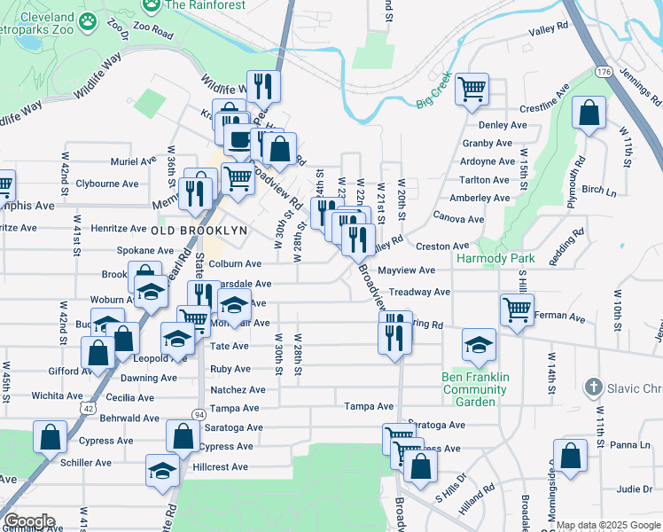map of restaurants, bars, coffee shops, grocery stores, and more near 2411 Colburn Avenue in Cleveland