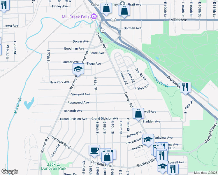 map of restaurants, bars, coffee shops, grocery stores, and more near 8906 Jeffries Avenue in Cleveland
