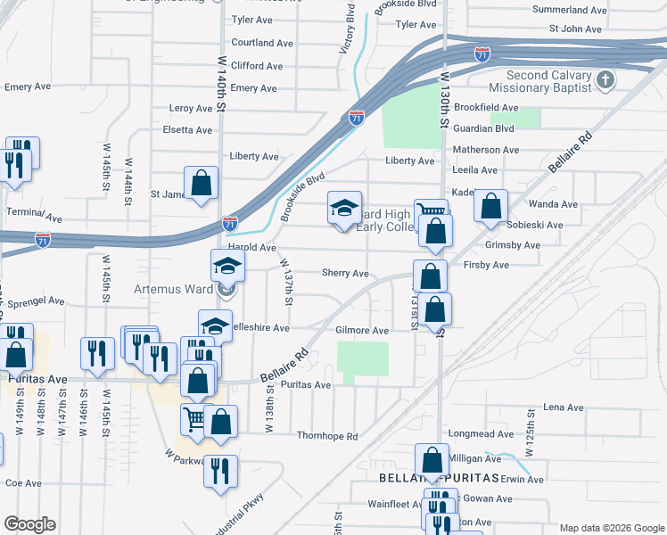 map of restaurants, bars, coffee shops, grocery stores, and more near 13420 Sherry Avenue in Cleveland