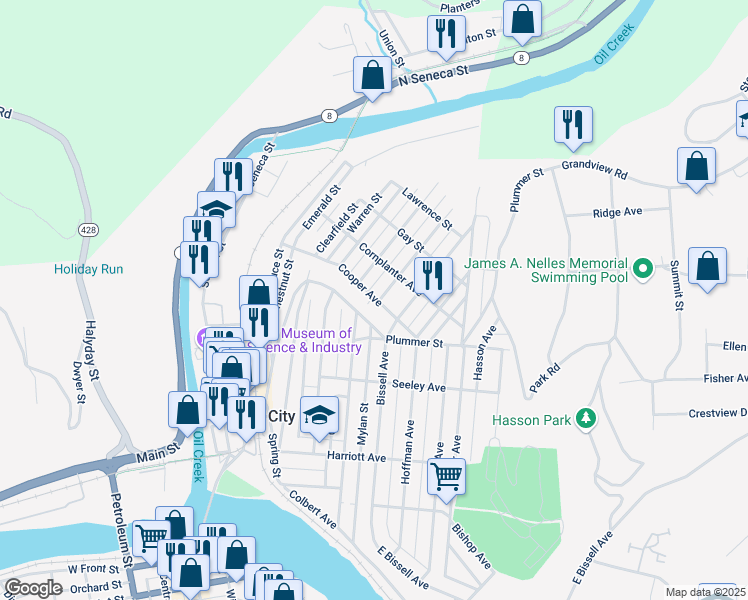map of restaurants, bars, coffee shops, grocery stores, and more near 202 Plummer St in Oil City