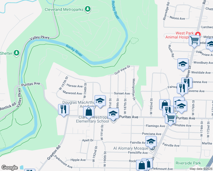 map of restaurants, bars, coffee shops, grocery stores, and more near 4318 W 191st St in Cleveland