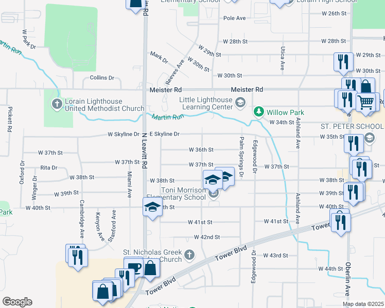 map of restaurants, bars, coffee shops, grocery stores, and more near 1923 West 36th Street in Lorain