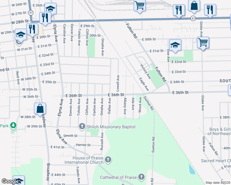 map of restaurants, bars, coffee shops, grocery stores, and more near 1117 East 36th Street in Lorain
