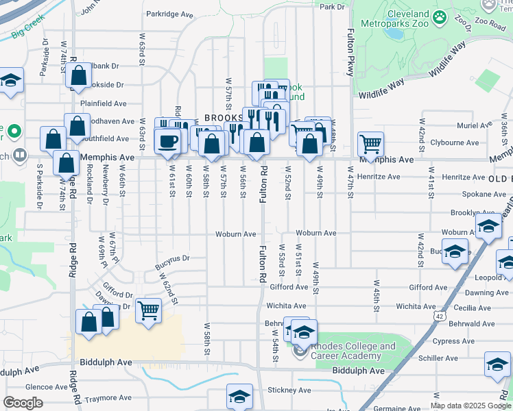 map of restaurants, bars, coffee shops, grocery stores, and more near 4371 West 56th Street in Cleveland