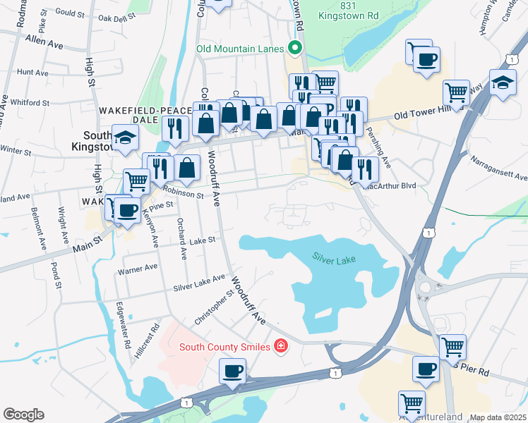 map of restaurants, bars, coffee shops, grocery stores, and more near 34 Shadow Farm Way in South Kingstown