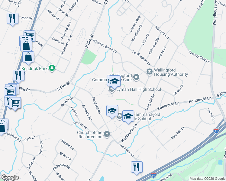 map of restaurants, bars, coffee shops, grocery stores, and more near 70 Pond Hill Road in Wallingford