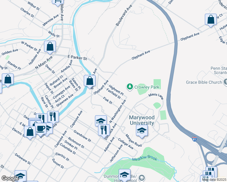 map of restaurants, bars, coffee shops, grocery stores, and more near 1014 Fairfield St in Scranton