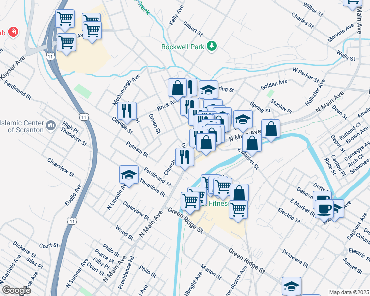 map of restaurants, bars, coffee shops, grocery stores, and more near 119 Oak Street in Scranton