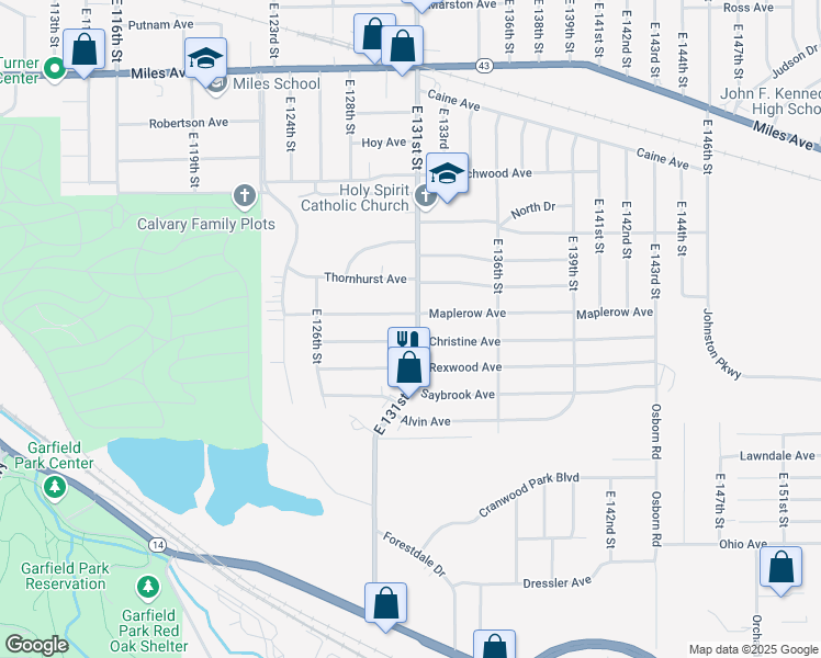 map of restaurants, bars, coffee shops, grocery stores, and more near 4479 East 131st Street in Garfield Heights