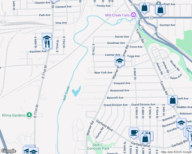 map of restaurants, bars, coffee shops, grocery stores, and more near 7819 Jeffries Avenue in Cleveland