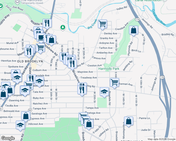 map of restaurants, bars, coffee shops, grocery stores, and more near 1933 Mayview Avenue in Cleveland