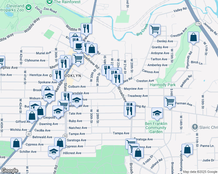 map of restaurants, bars, coffee shops, grocery stores, and more near 2411 Colburn Avenue in Cleveland