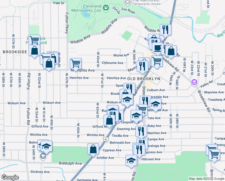 map of restaurants, bars, coffee shops, grocery stores, and more near 3902 Brooklyn Avenue in Cleveland