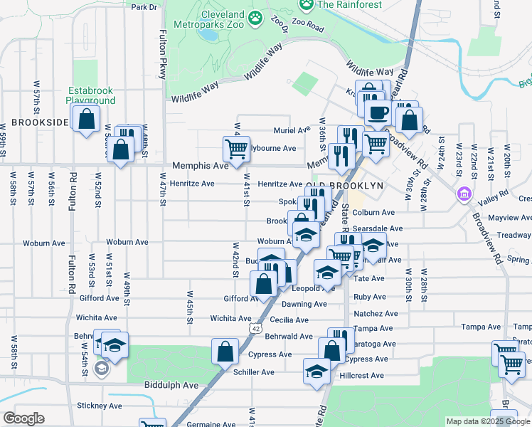 map of restaurants, bars, coffee shops, grocery stores, and more near 3902 Brooklyn Avenue in Cleveland