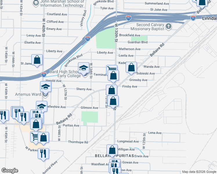 map of restaurants, bars, coffee shops, grocery stores, and more near 13110 Bellaire Road in Cleveland